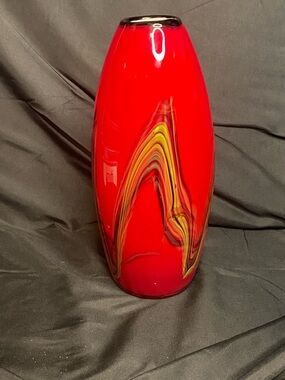 Red Art Glass Vase with Multicolor Swirl